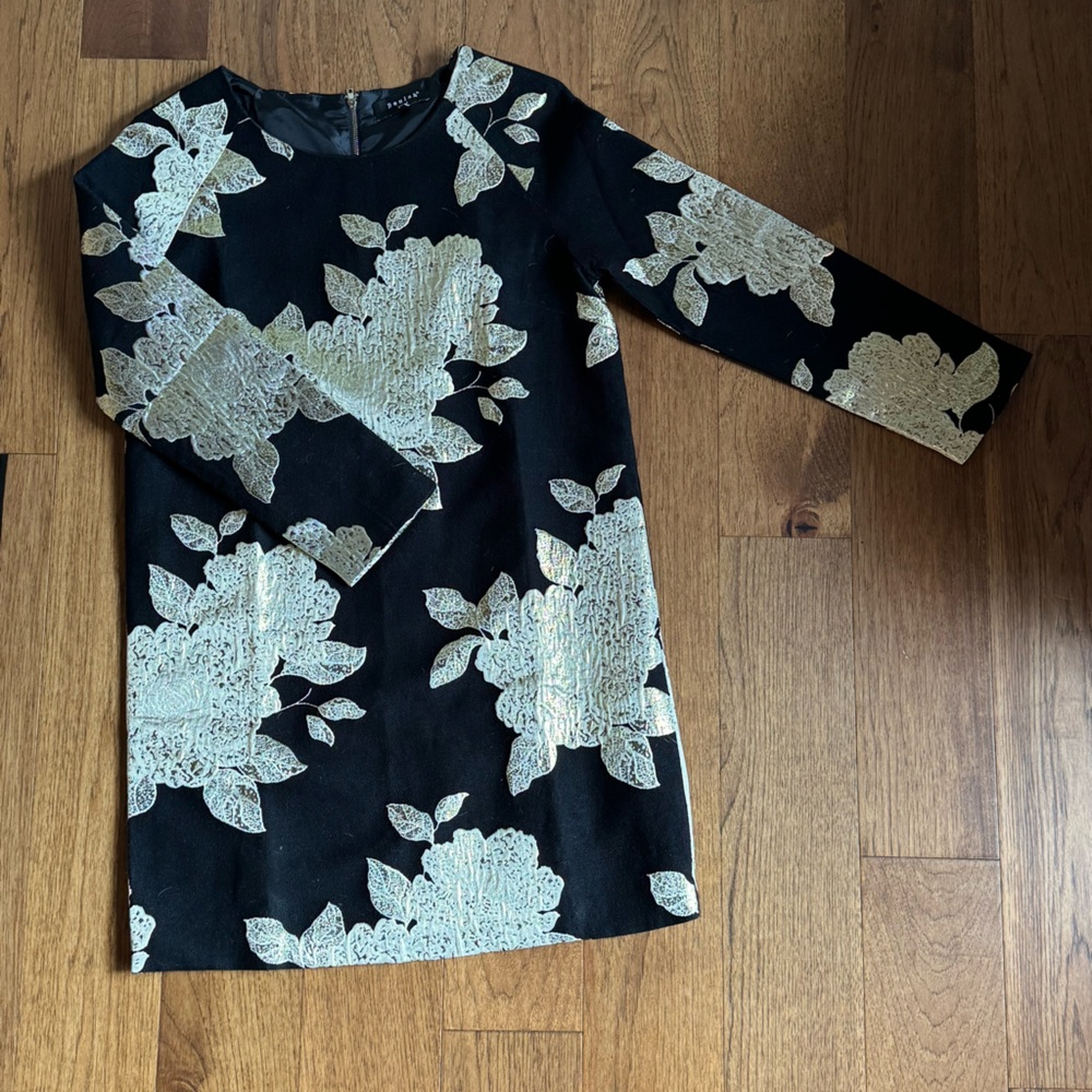 Anthropologie Shift Dress Black Gold Flowers M